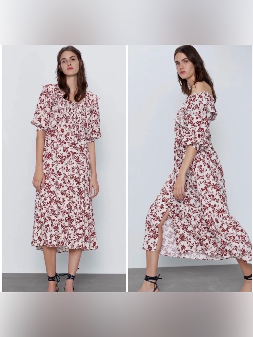 Zara Floral Print Off-the-Shoulder Rustic Midi Dress